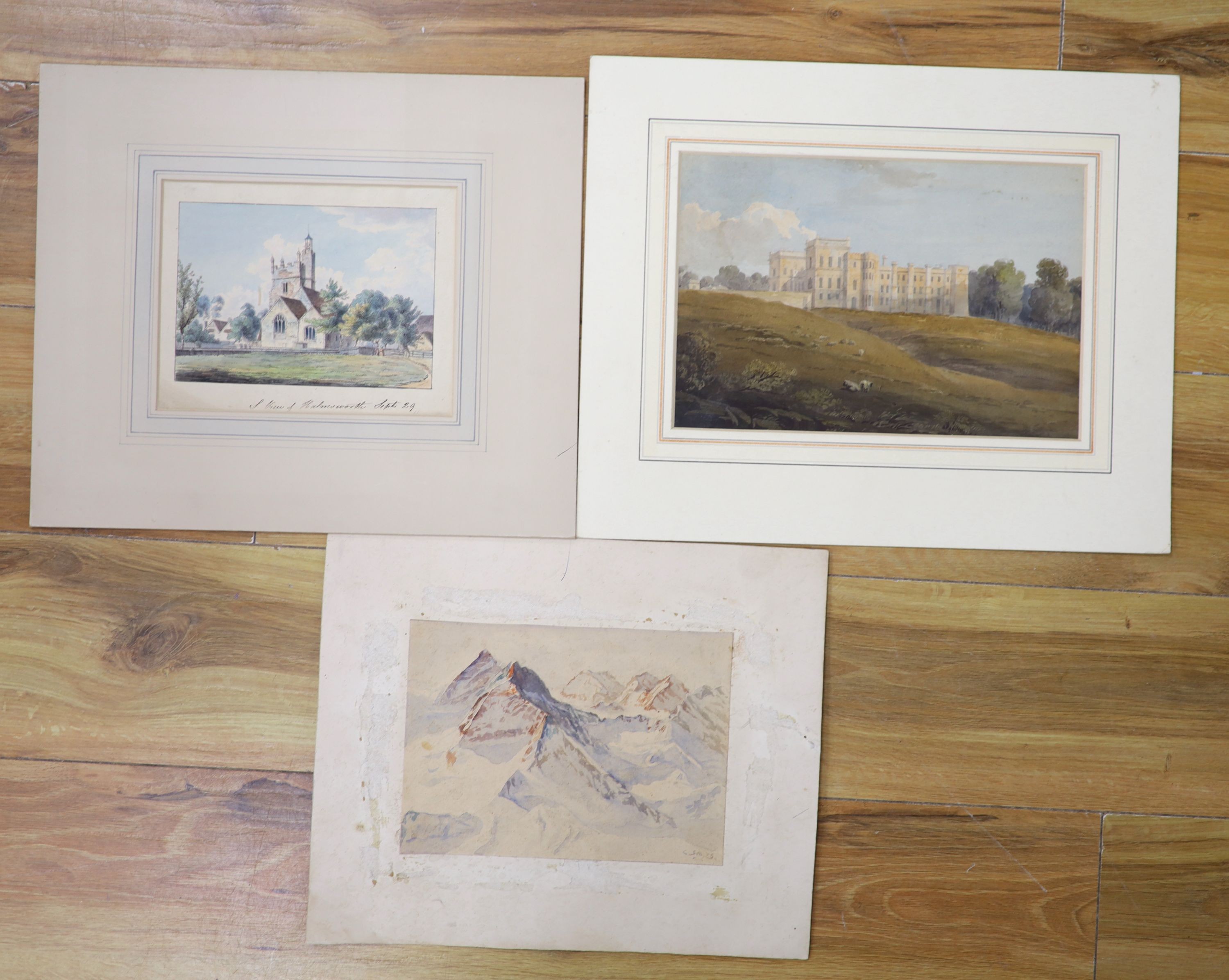 Three unframed watercolours; Grimsthorpe Castle, Lincoln, 20 x 29cm. View of Halmsworth and mountain scene.